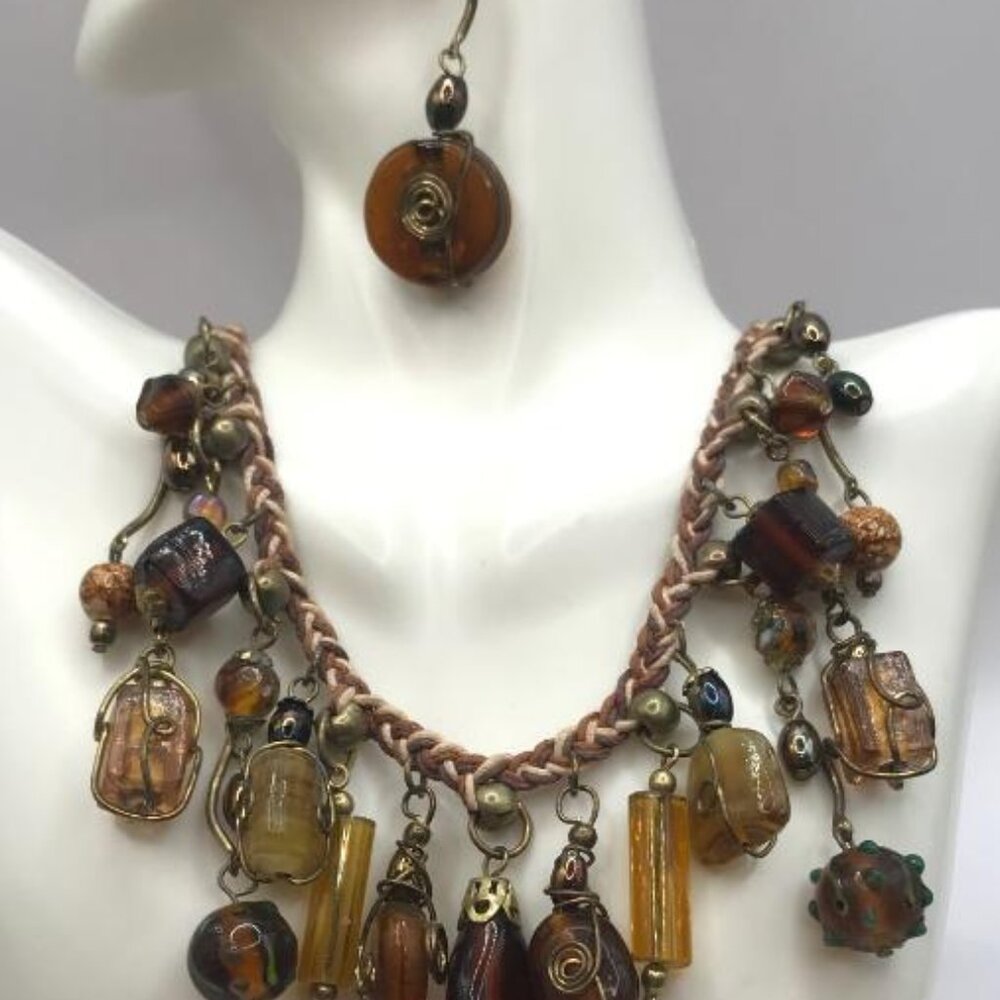 Antique Gold-Tone & Braided Glass Bead Necklace & Earrings Set - Picture 4 of 10